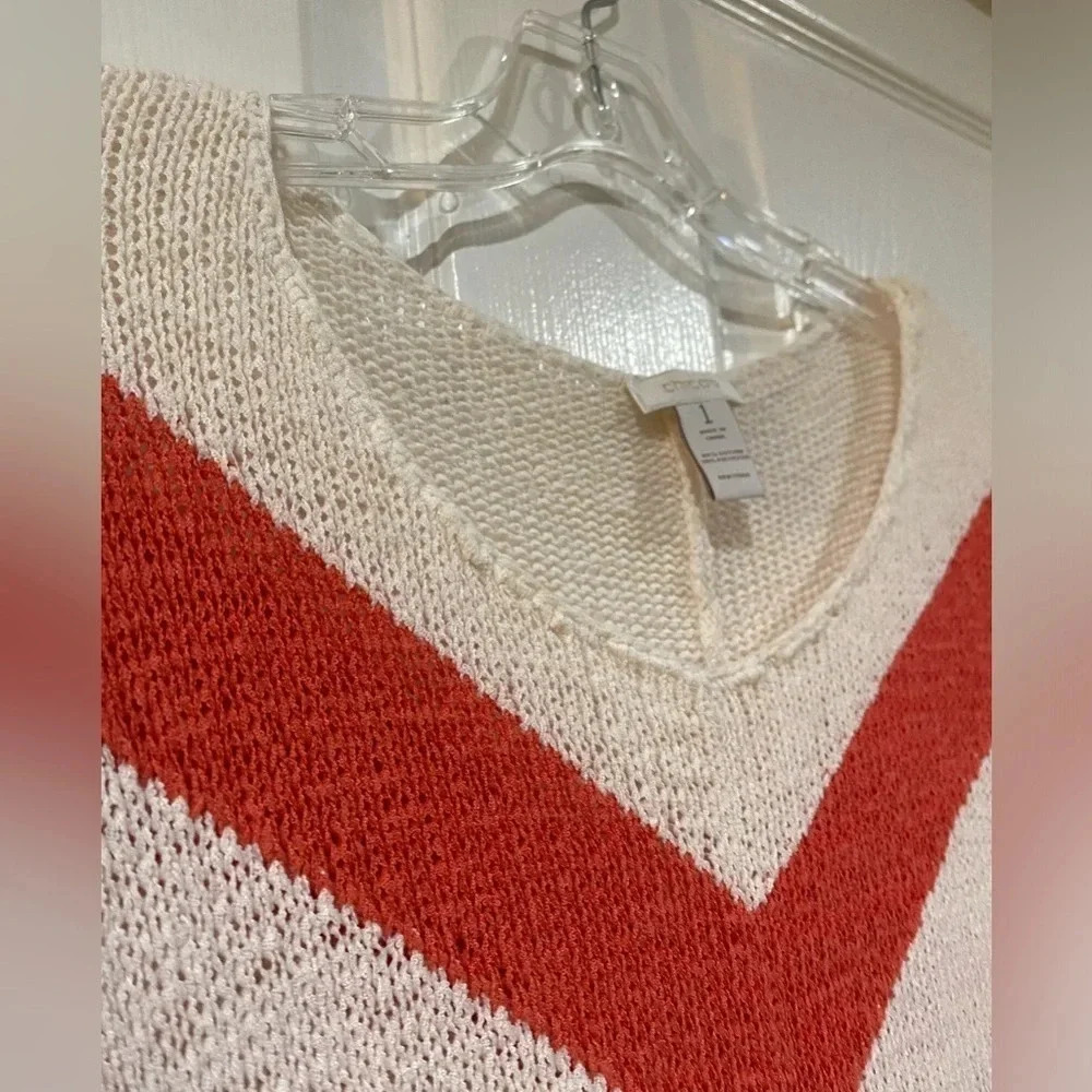 Chicos Womens Sweater 1 Small Chevron Stripe Coral Salmon Ivory Roll-Tab Dolman - Picture 10 of 10